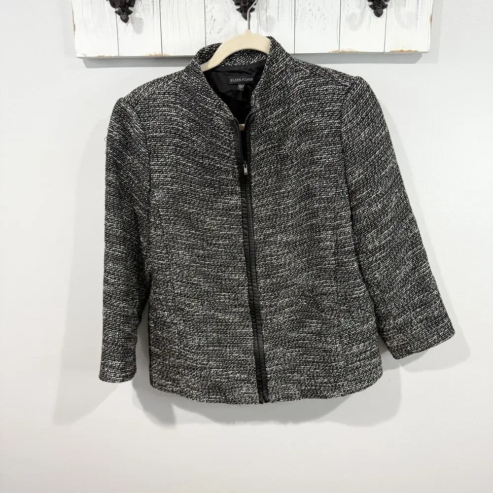 Eileen Fisher Tweed Collarless Jacket Linen Blend Leather Trim M EUC